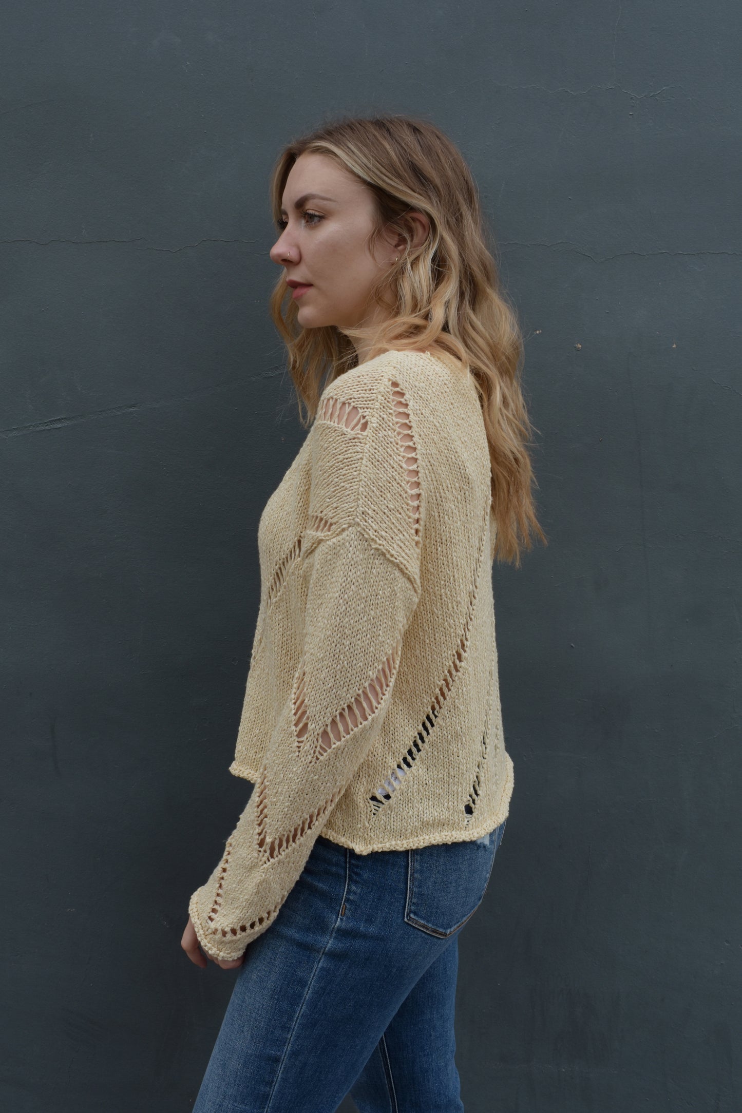 chevron openwork knit sweater with round neck, relaxed fit, extended sleeves, drop shoulders, unique piece