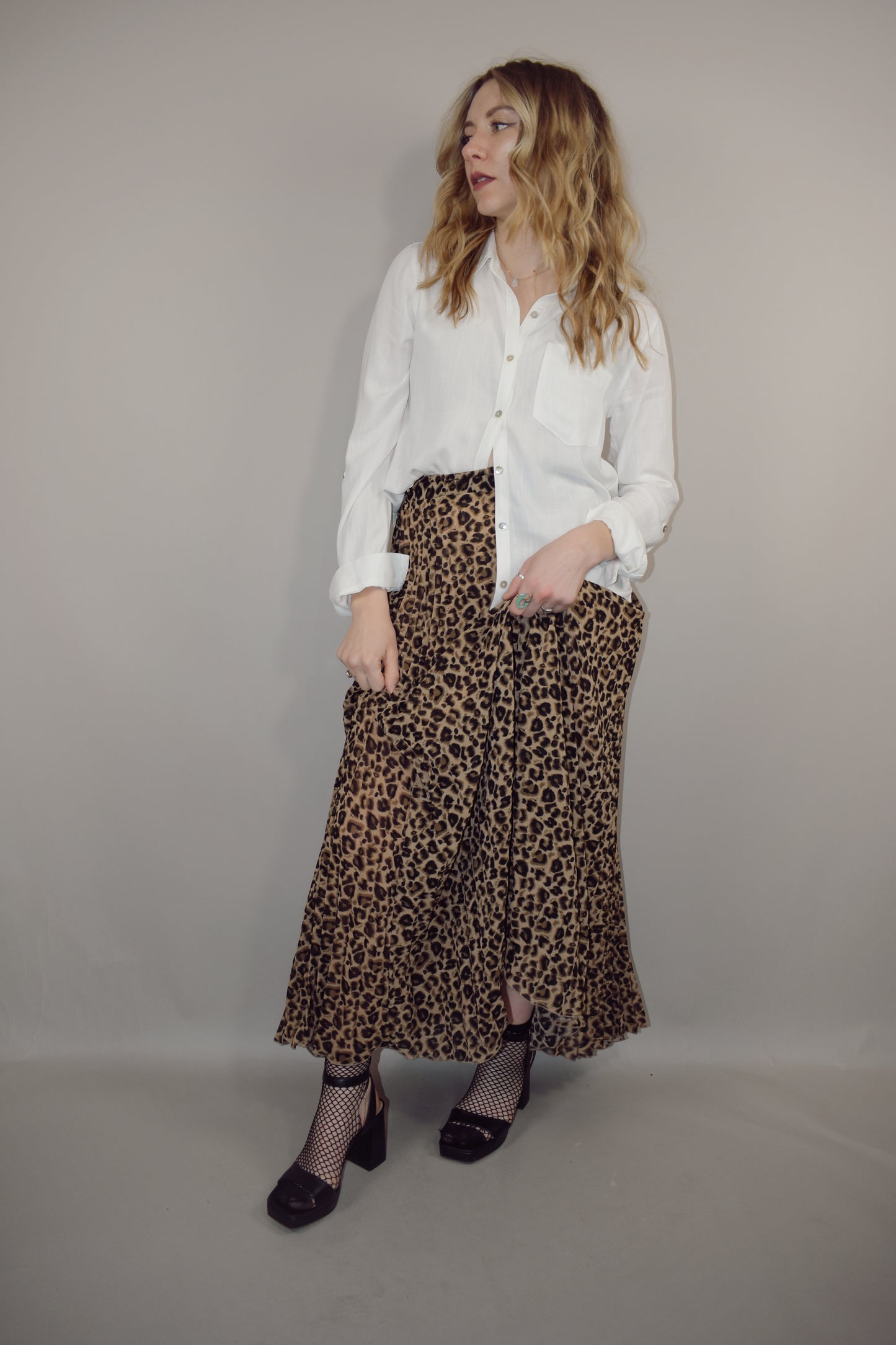 leopard pleated midi