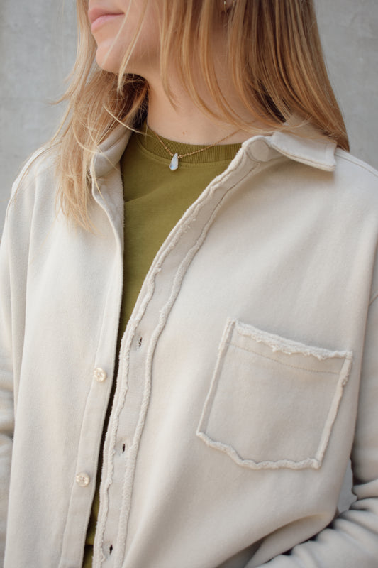 raw edge 100% cotton shacket button down left chest pocket full length relaxed comfortable fit