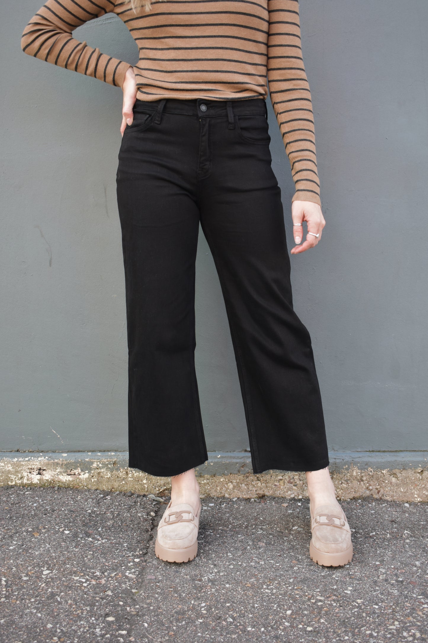 wide leg cropped black high rise stretch jeans no holes or distressing raw hem