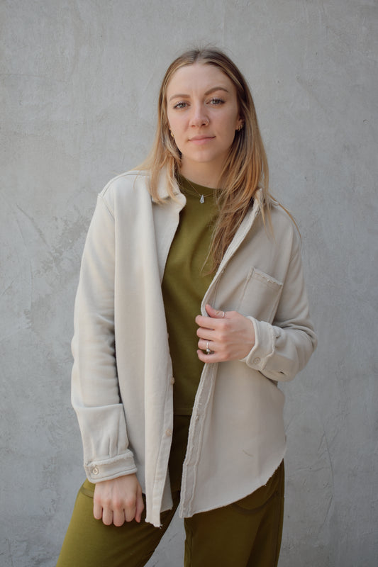 raw edge 100% cotton shacket button down left chest pocket full length relaxed comfortable fit