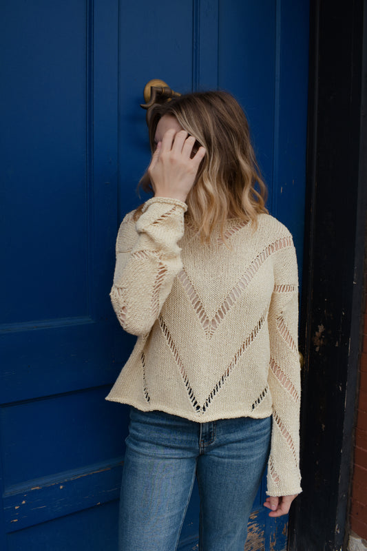 chevron openwork knit sweater with round neck, relaxed fit, extended sleeves, drop shoulders, unique piece