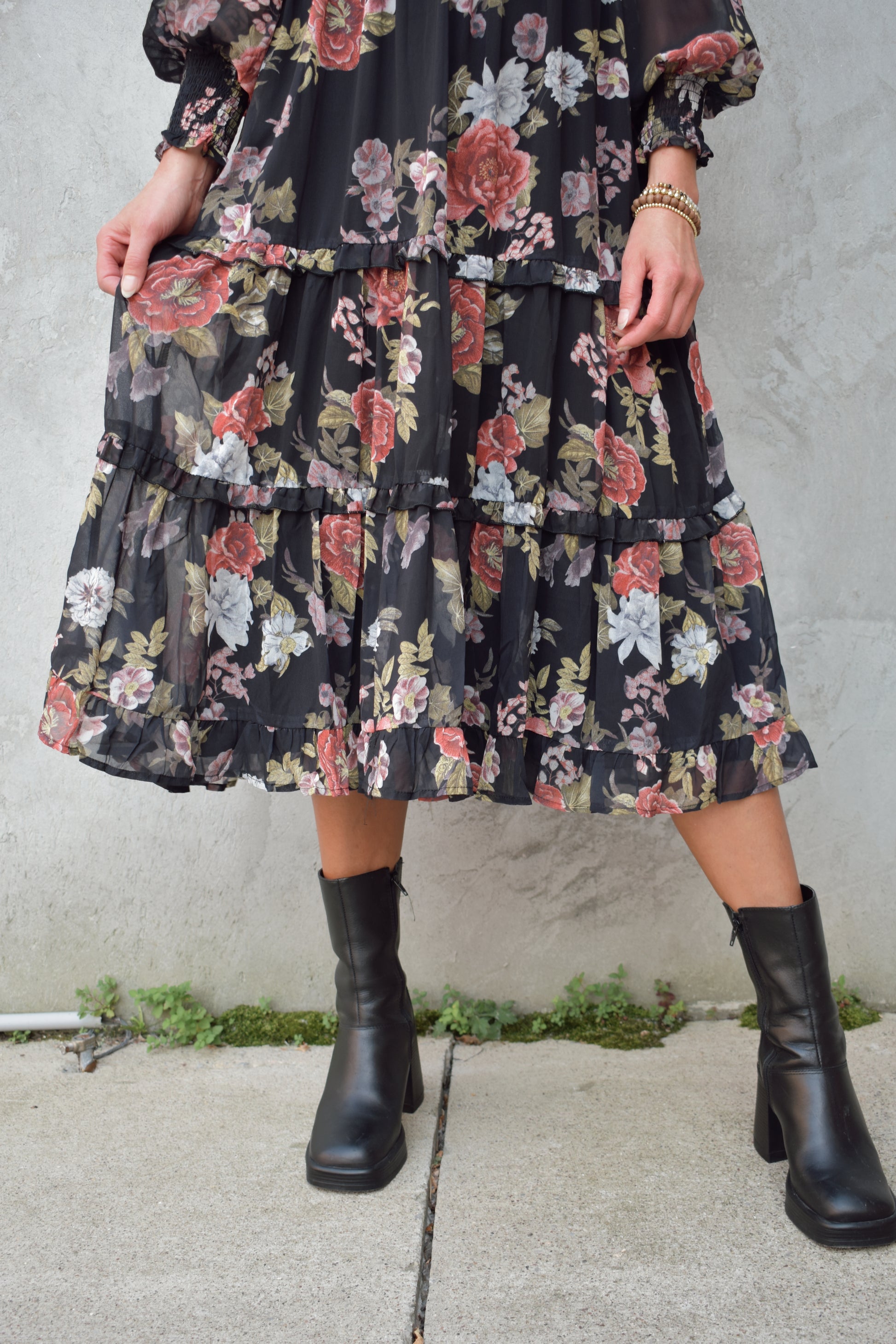 dressy floral midi dress with black background, chiffon material with sheer long sleeves, smocking on bodice and cuffs, high neck, tiered skirt.