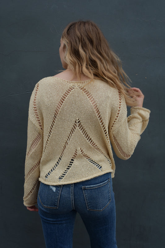 chevron openwork knit sweater with round neck, relaxed fit, extended sleeves, drop shoulders, unique piece