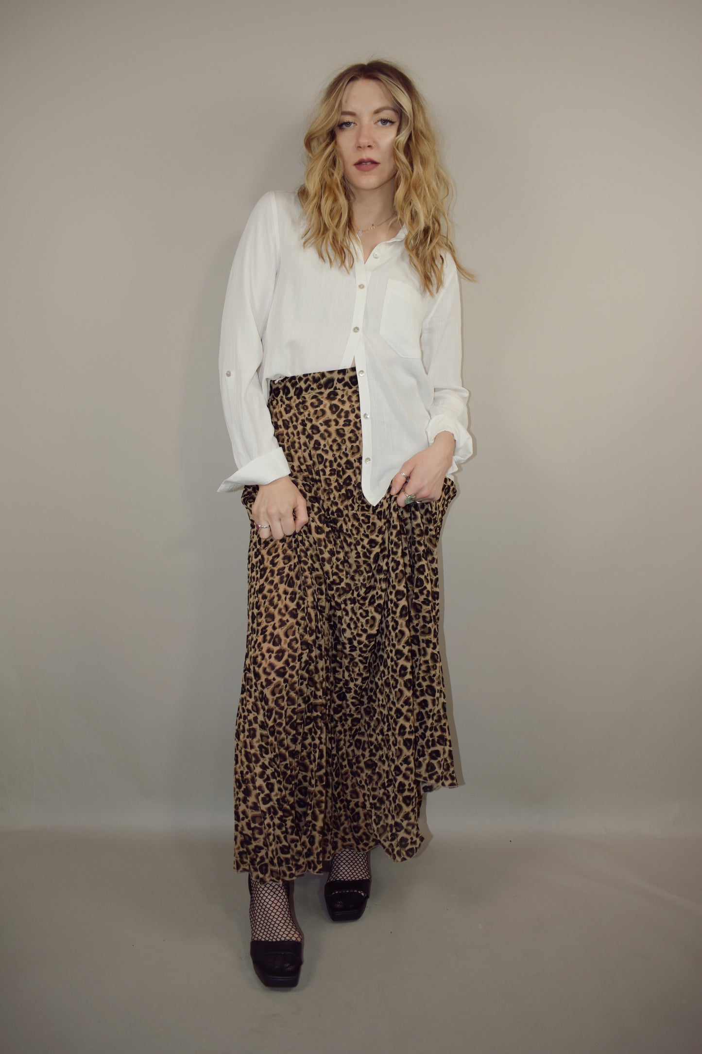 leopard pleated midi