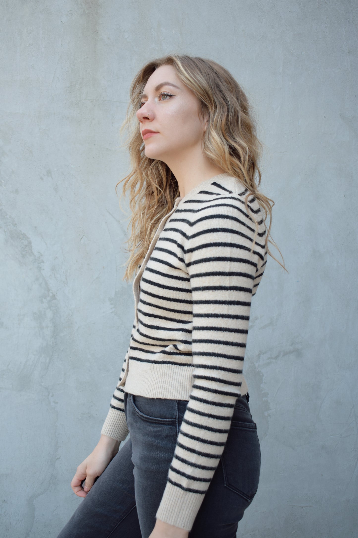 horizontally striped cardigan sweater with gold buttons fitted crew neck 