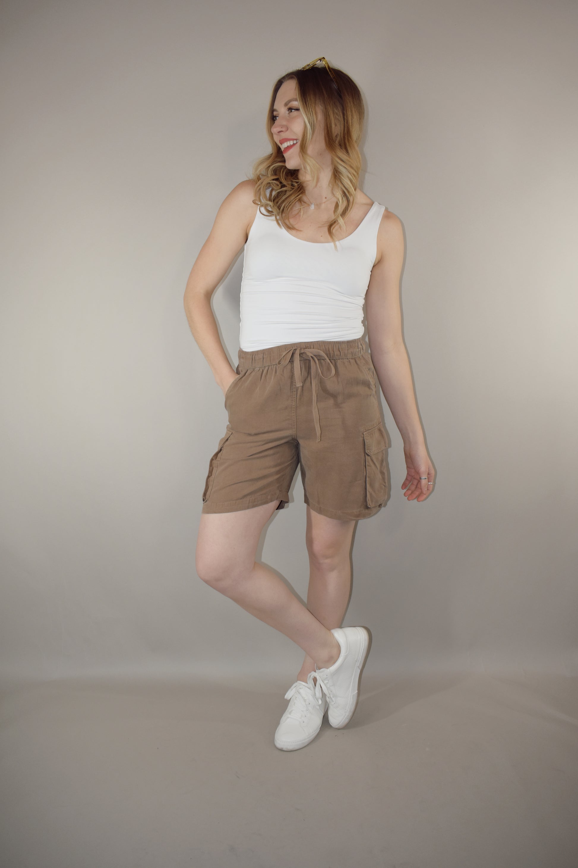 tencel cargo midi length shorts with elastic waistband with drawstring side pockets and cargo side pockets flap back pockets