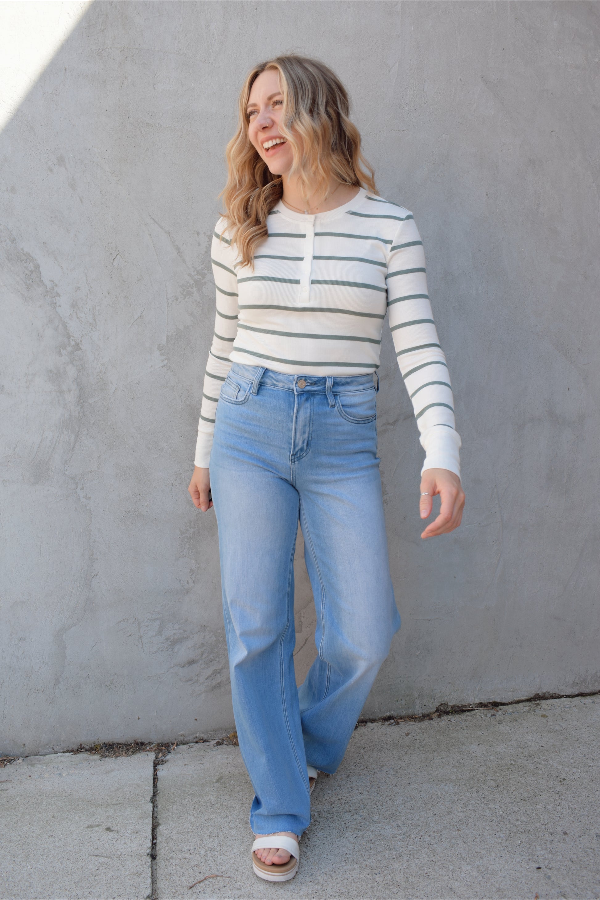 super lightweight long sleeve henley with horizontal stripes, white buttons, crew neck, stretchy and fitted, full length