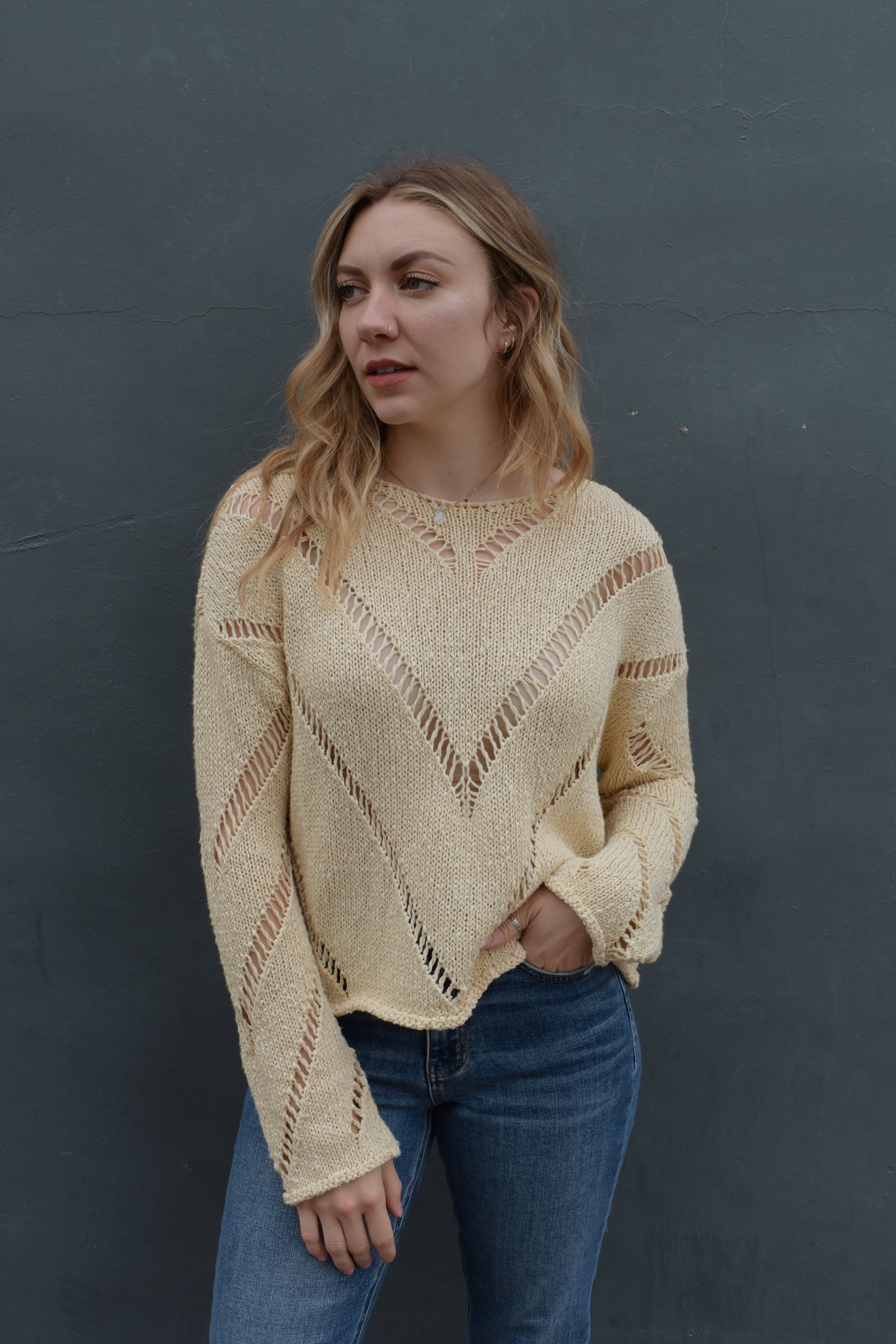 chevron openwork knit sweater with round neck, relaxed fit, extended sleeves, drop shoulders, unique piece