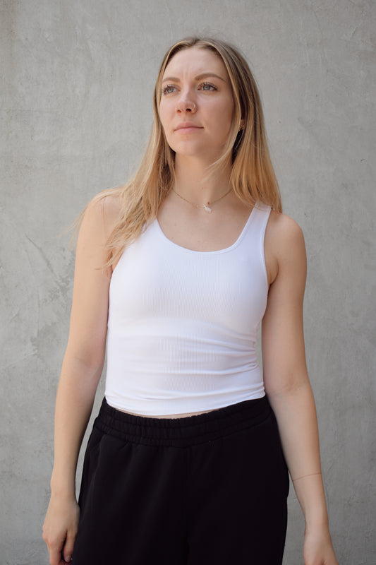Ribbed tank top with built in bra and scoop neckline athleisure basics fitted 
