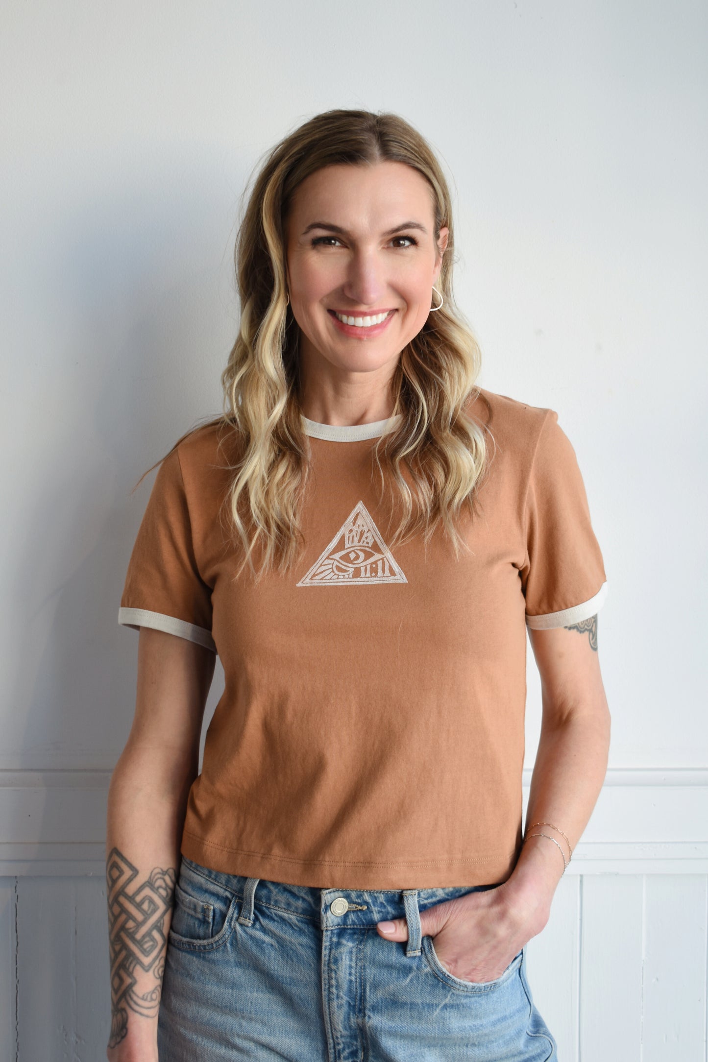 linocut print ringer tee