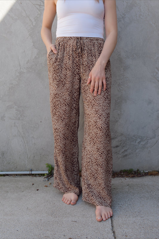 flowy wide leg leopard printed drawstring pants with pockets full length high waisted 