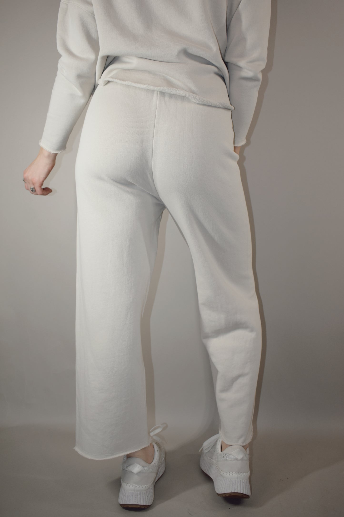 wide leg 100% cotton sweatpants with drawstring and elastic waistband raw hem no pockets athleisure