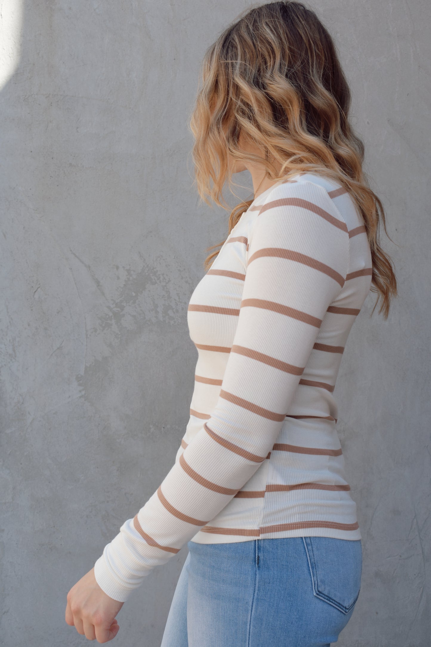 super lightweight long sleeve henley with horizontal stripes, white buttons, crew neck, stretchy and fitted, full length