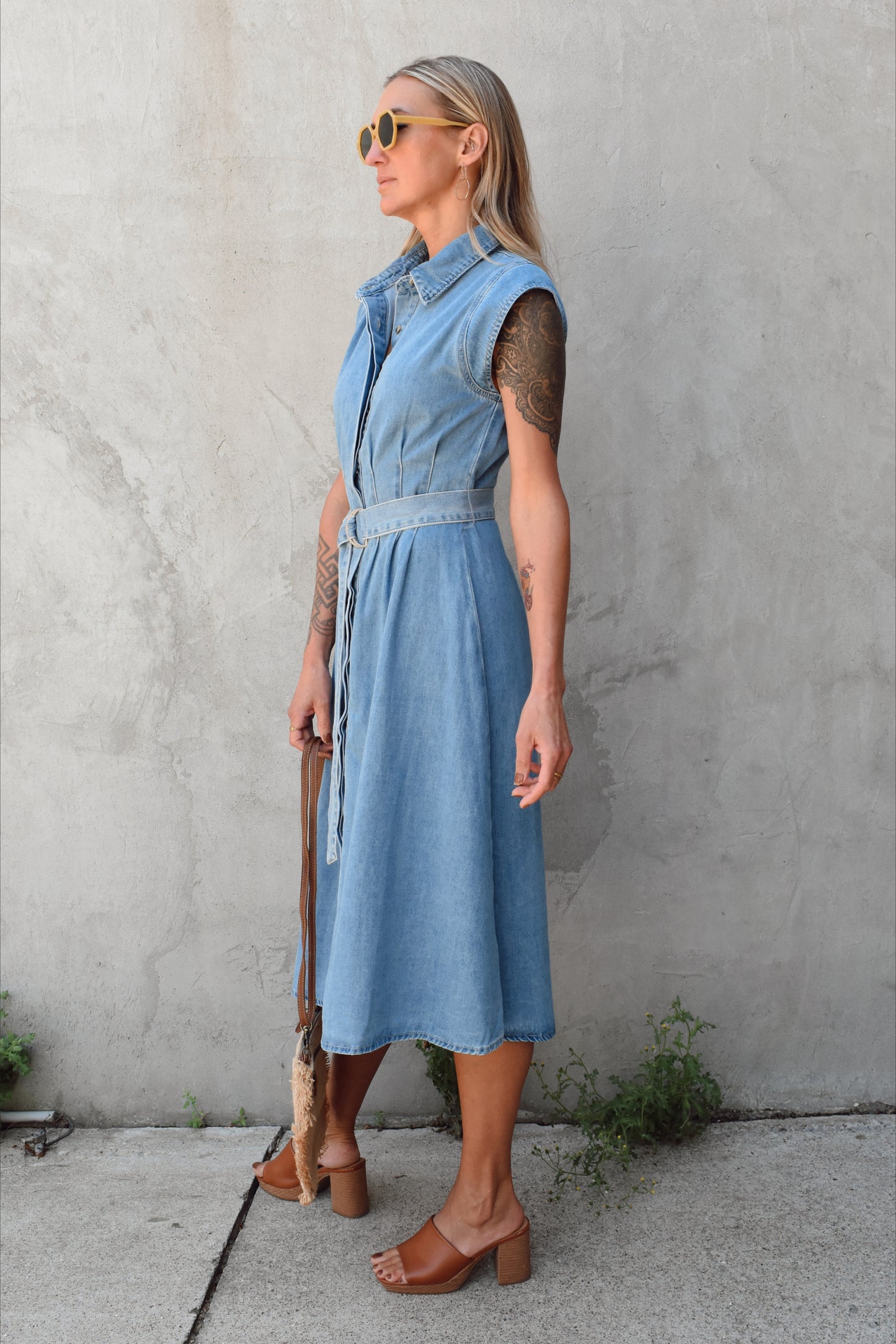 button down denim midi