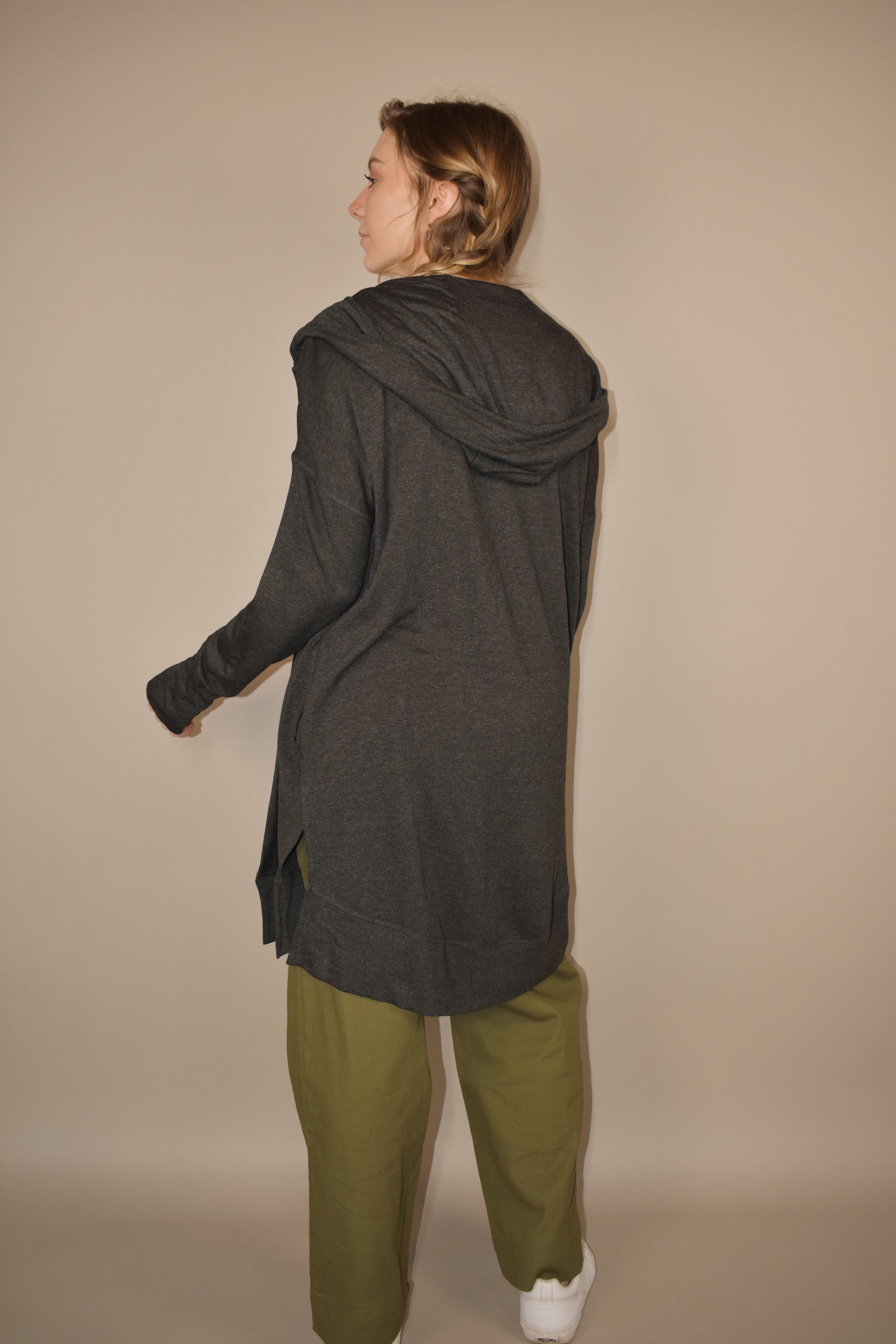 super soft cardigan with pockets and hood. mid thigh length. athletic stretchy material
