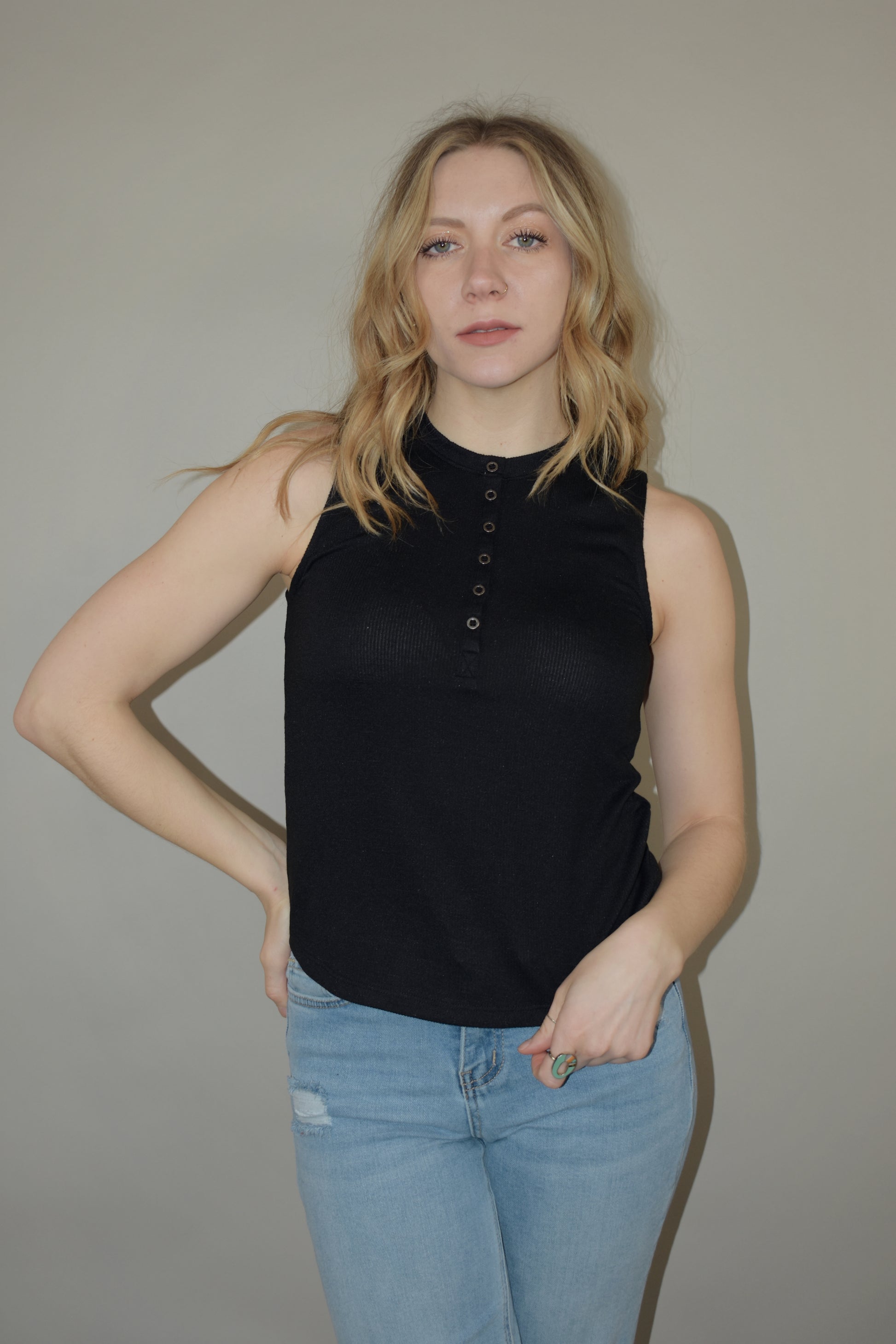 straight fit ribbed henley tank high neck scoop hem 6 buttons basic lightweight