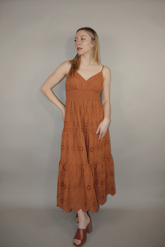 spaghetti strap midi eyelet dress with wide smocked waistband adjustable straps scalloped edges v neck 