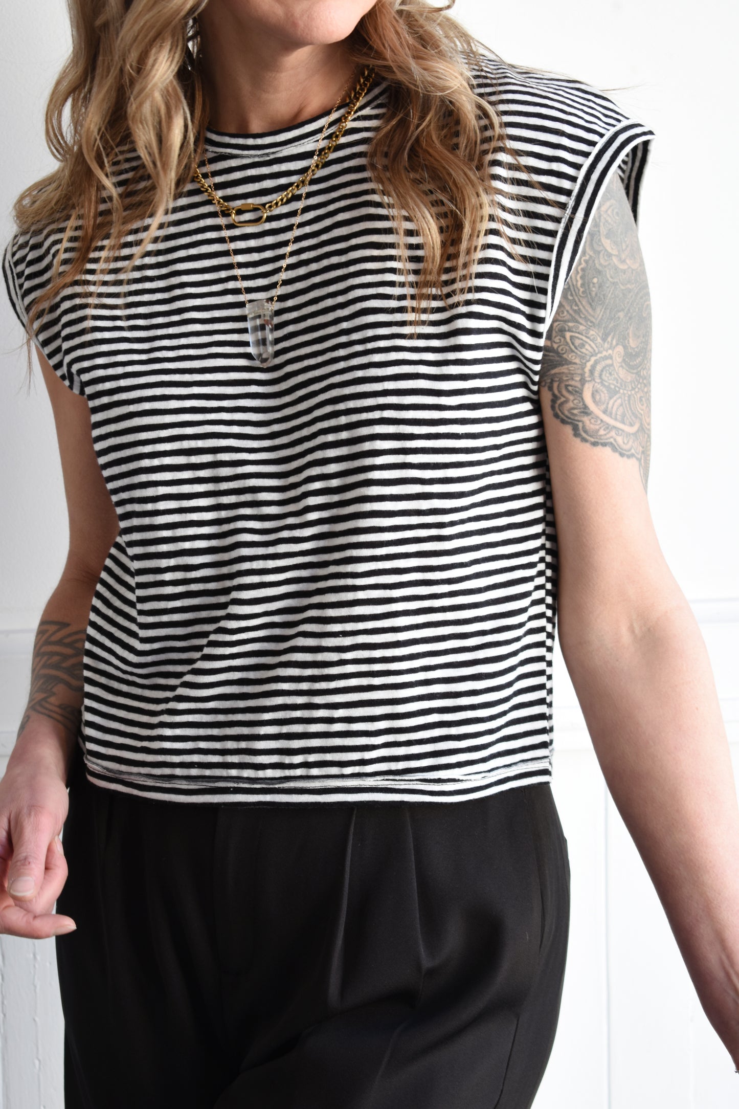 cap sleeve boxy t-shirt with horizontal stripes