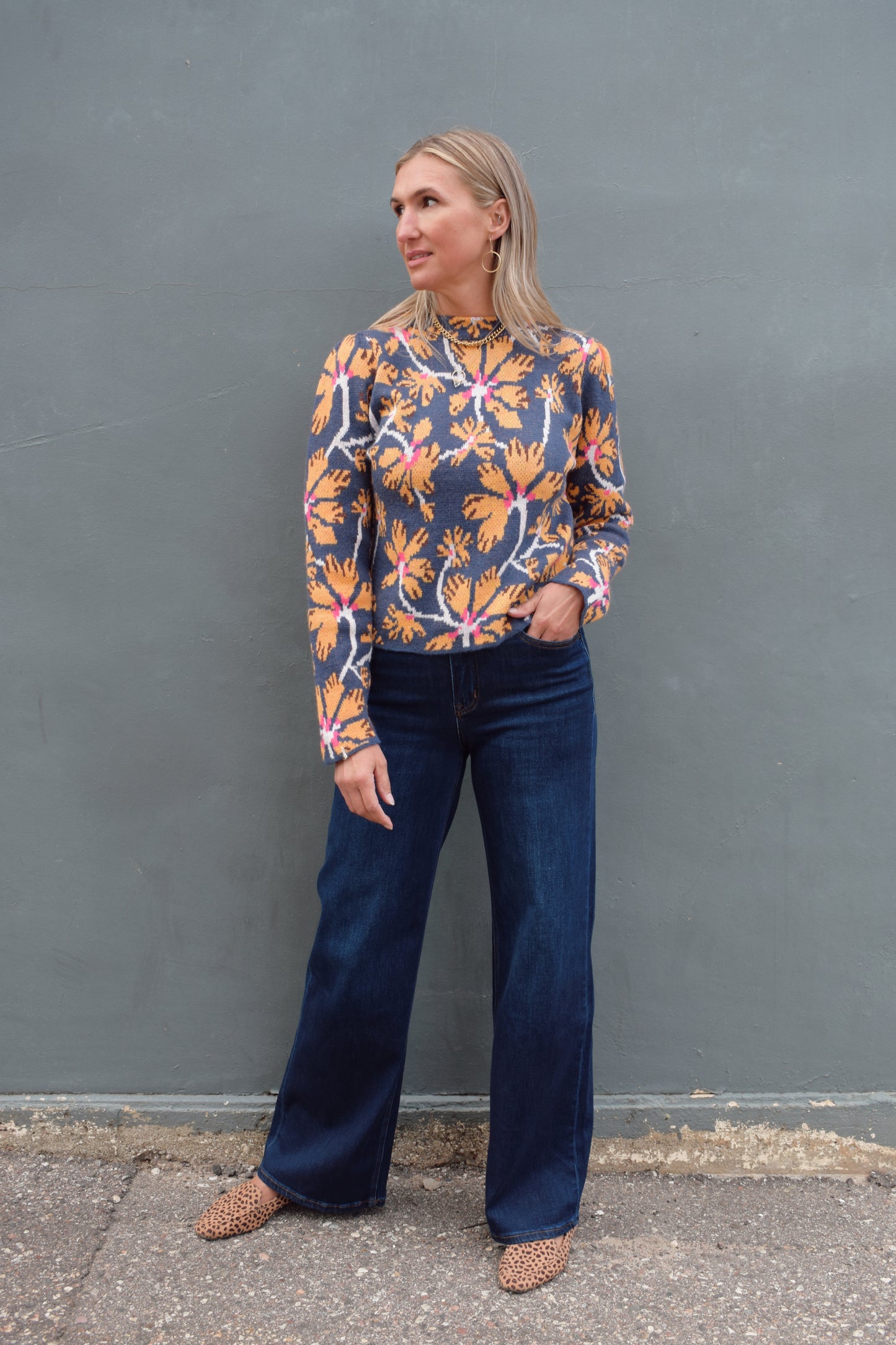 floral mock neck sweater