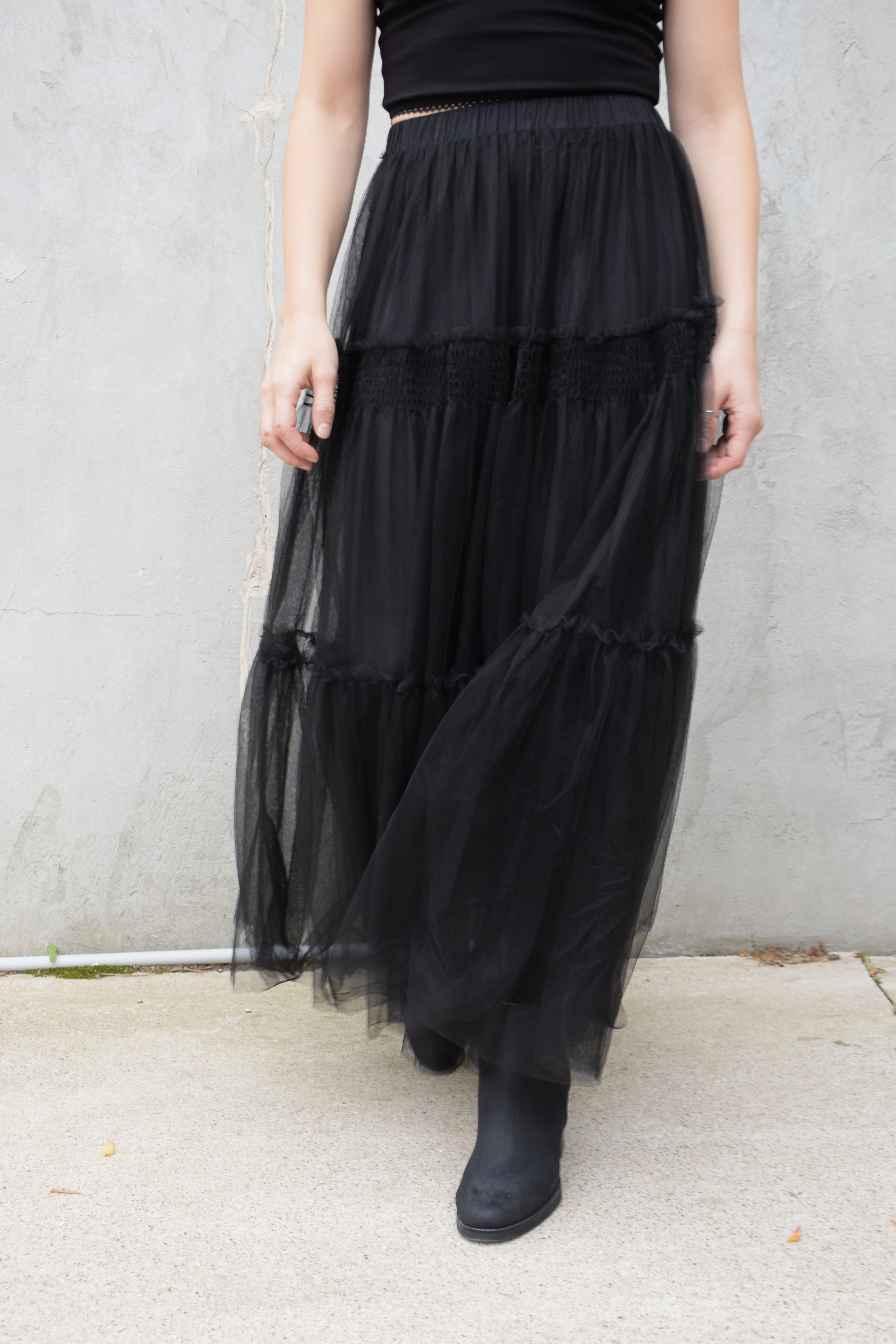 Pinch tiered black tulle lined holiday special occasion maxi