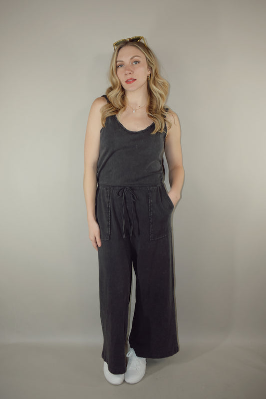 cotton tank jumpsuit scoop neck drawstring waistband deep front pockets wide leg full length low scoop back no back pockets loungewear