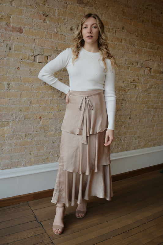 belted satin midi skirt