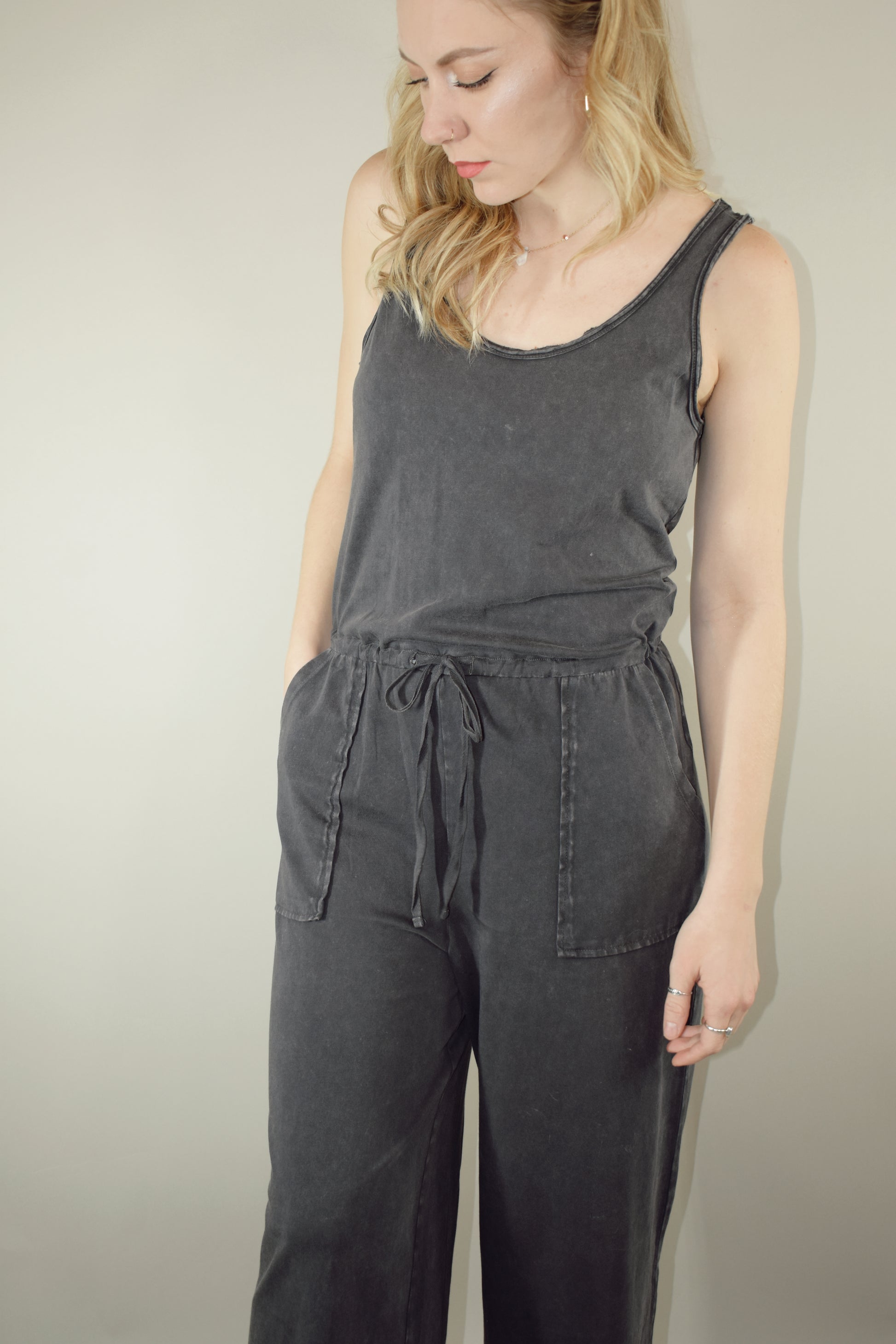 cotton tank jumpsuit scoop neck drawstring waistband deep front pockets wide leg full length low scoop back no back pockets loungewear