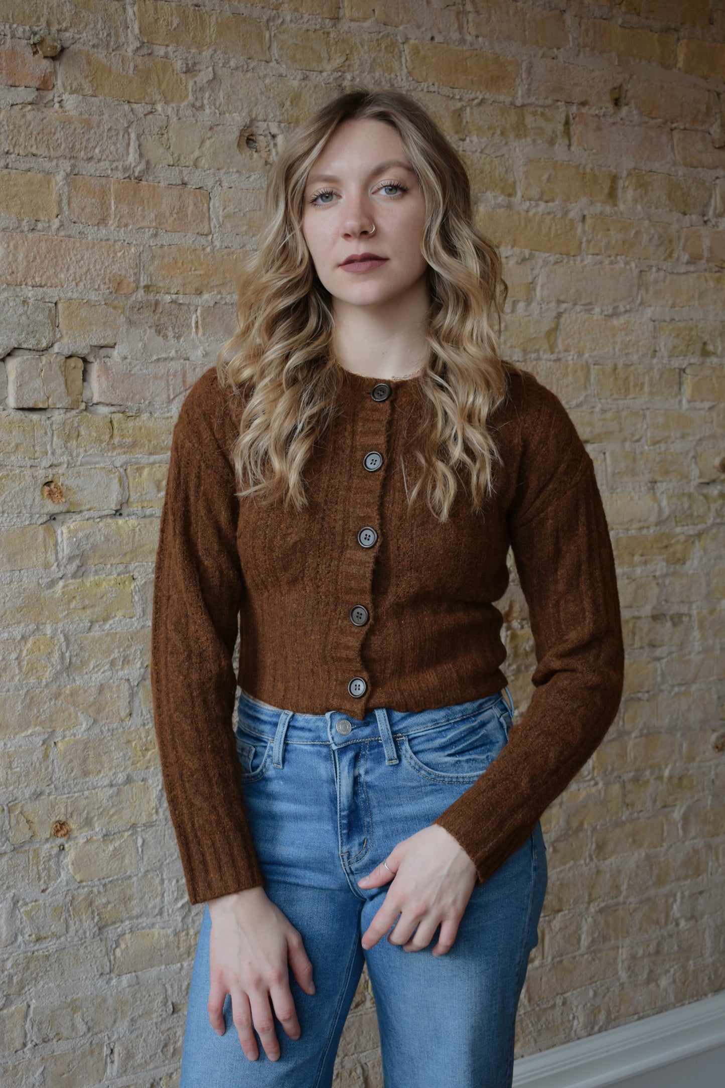 cropped cable cardigan