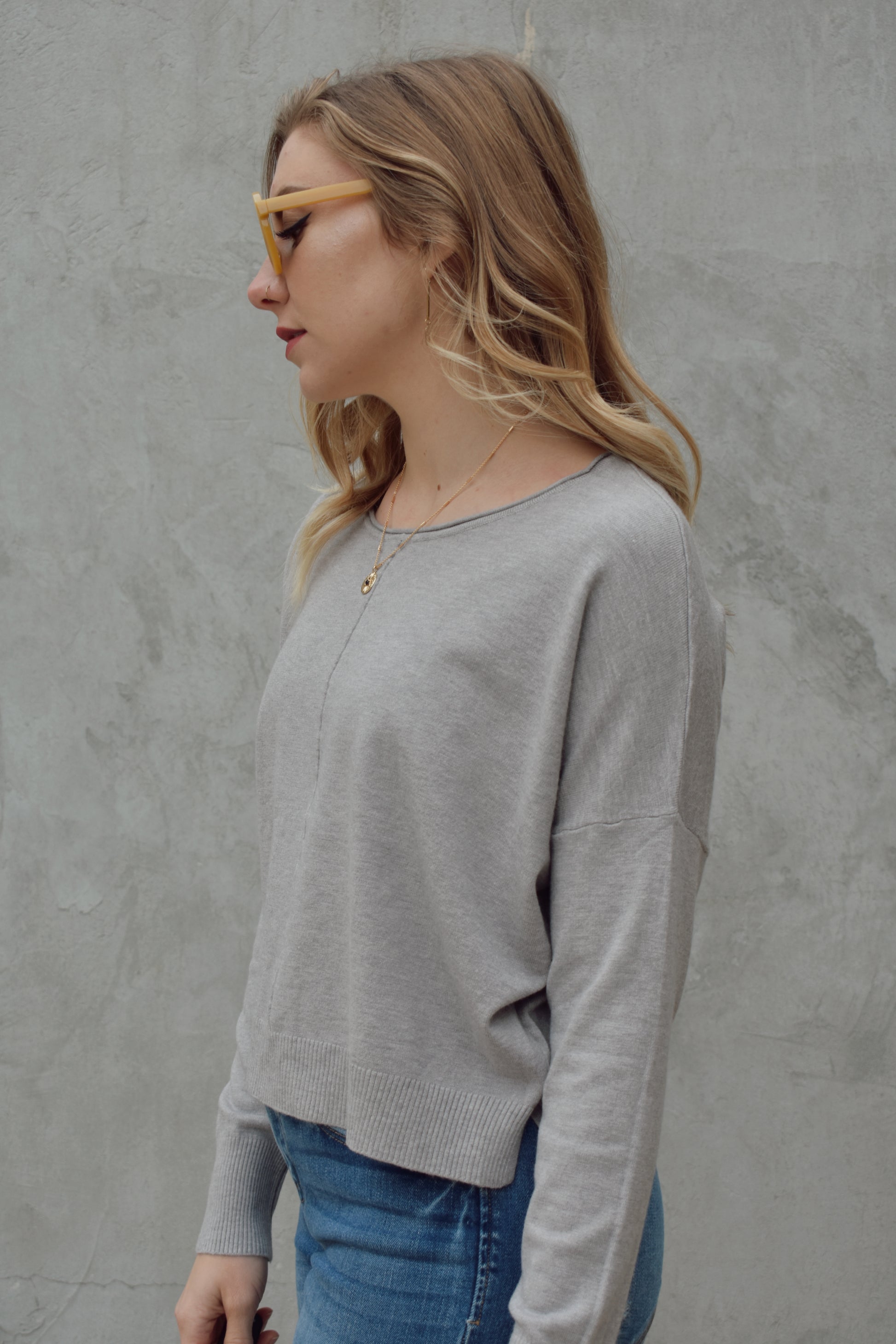 boat neck slightly cropped loose fitting long sleeve with seam detail down the front, drop shoulders, super soft material