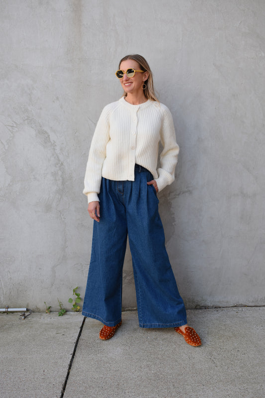 pleated denim trousers
