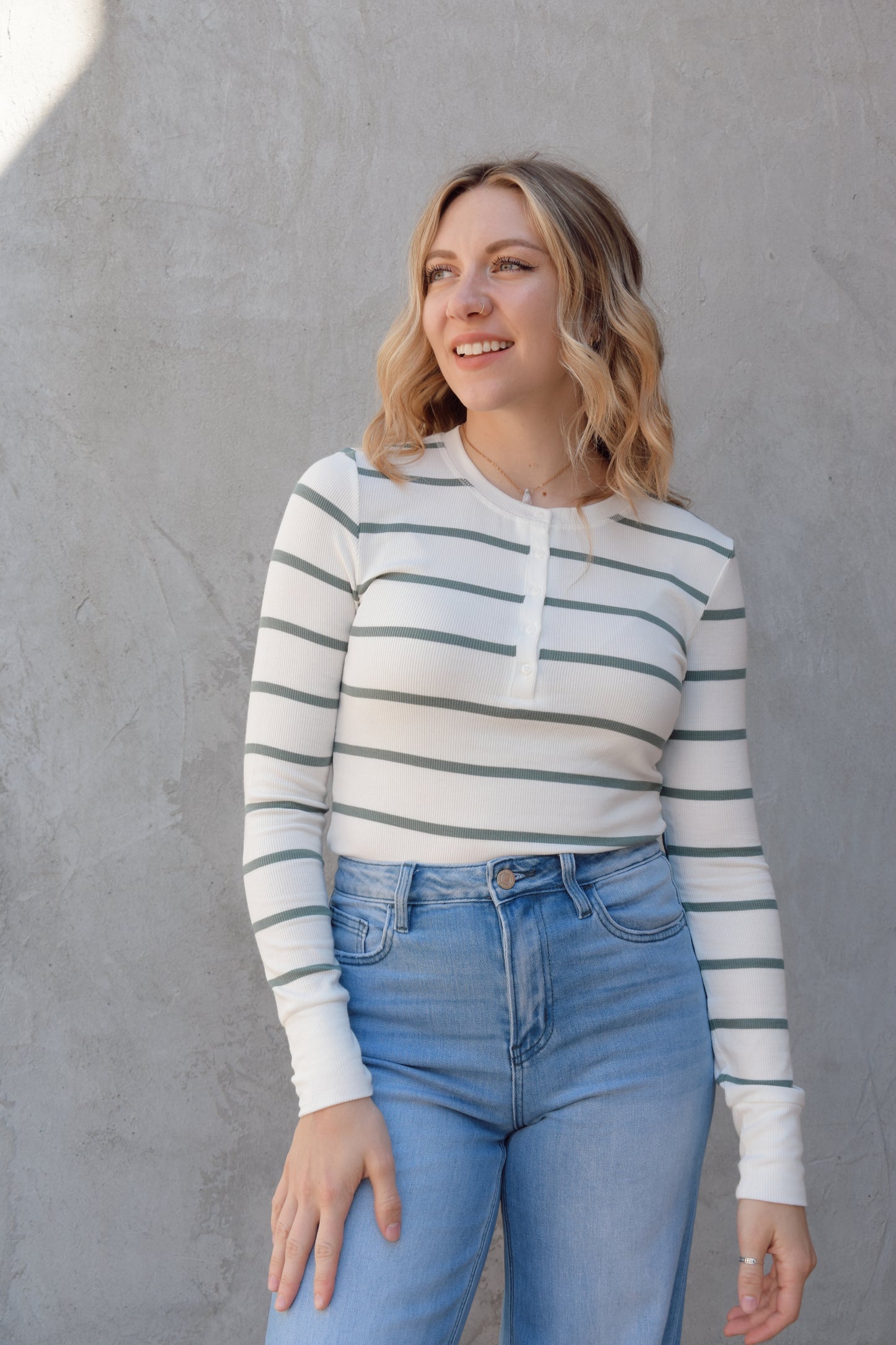 super lightweight long sleeve henley with horizontal stripes, white buttons, crew neck, stretchy and fitted, full length