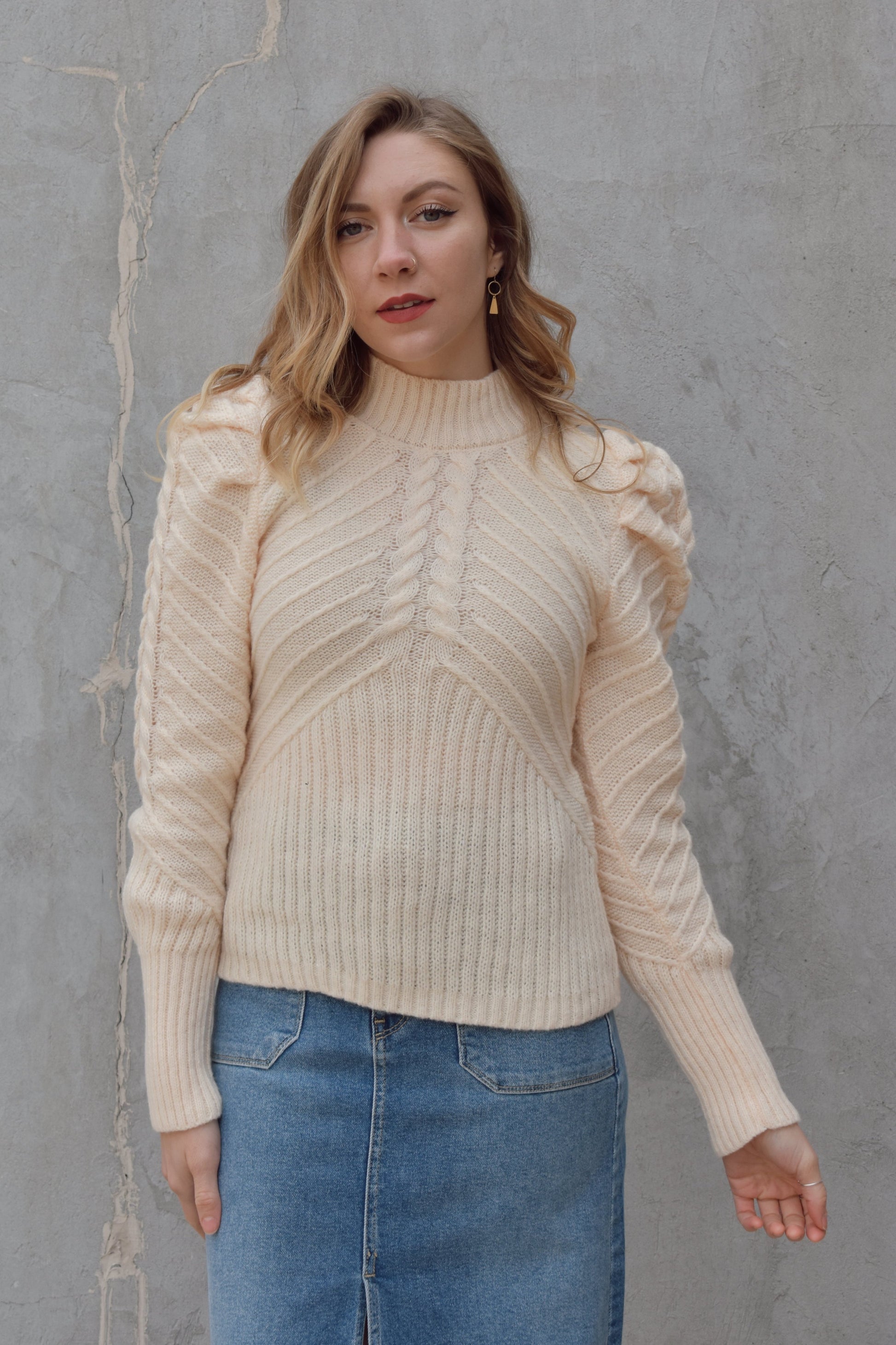 full length mock neck sweater with drama puff sleeves and a braided ribbed texture down the front and back and sides of sleeves in a v pattern, ribbed at bottom of sleeves and hem