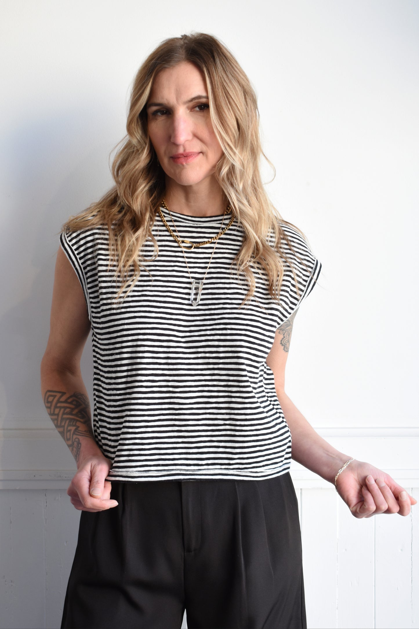cap sleeve boxy t-shirt with horizontal stripes