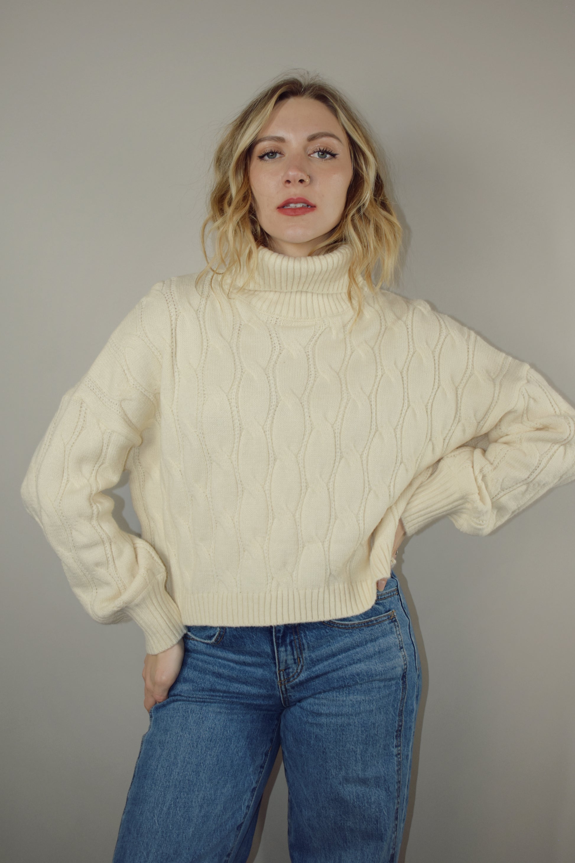 cable knit turtleneck with ribbed collar, cuffs and hemline, semi cropped boxy fit