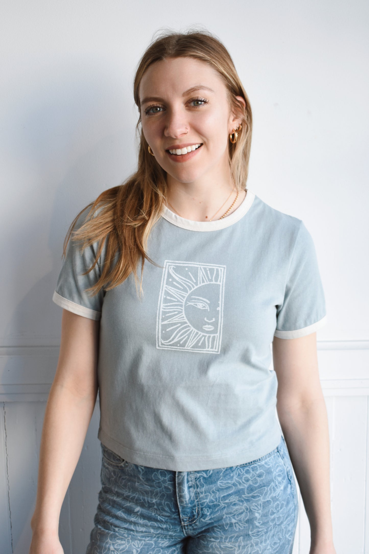 linocut print ringer tee