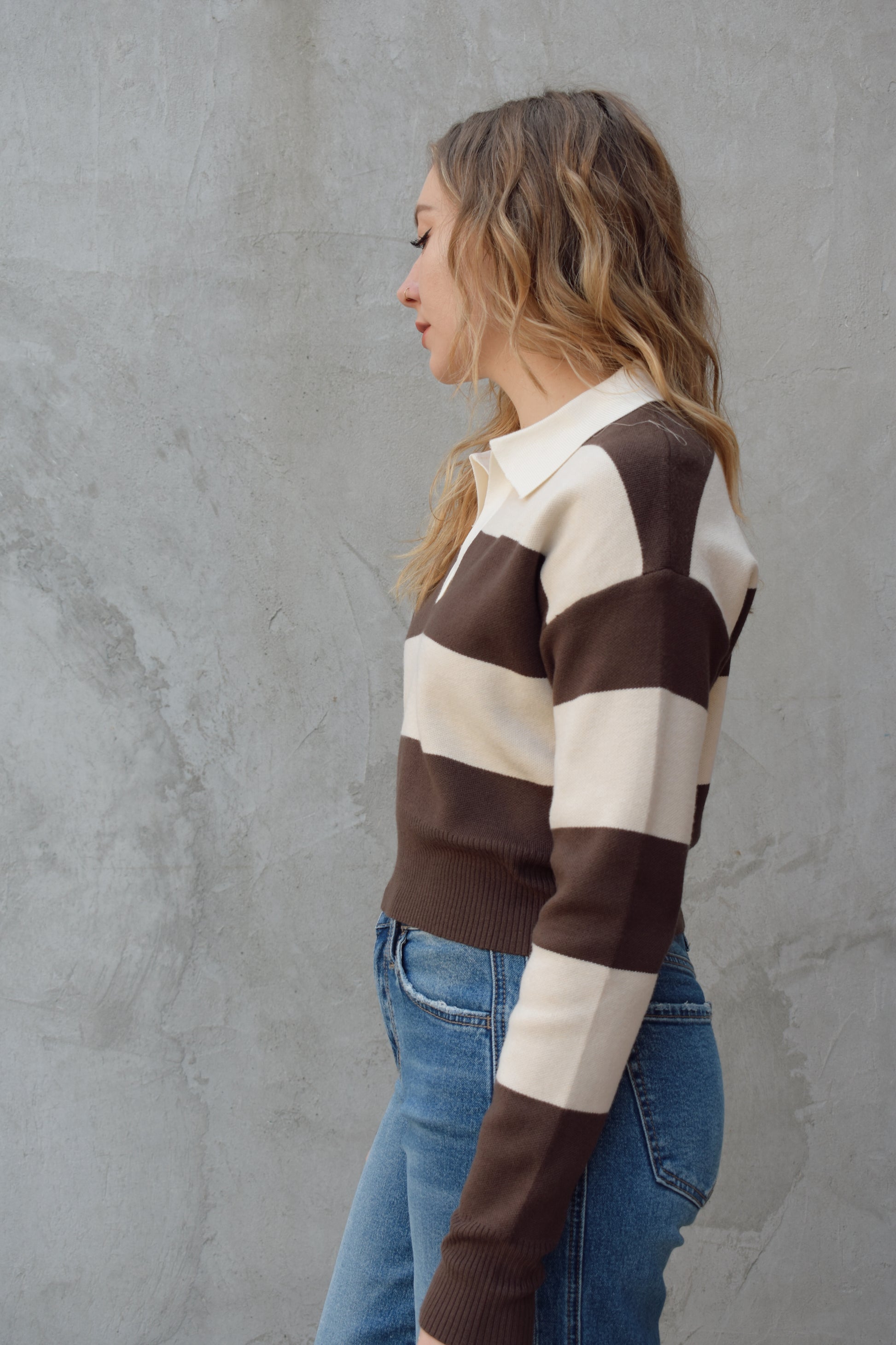 cream and dark brown slightly cropped polo light weight sweater wide horizontal stripes ribbed cuffs and hem drop shoulder 