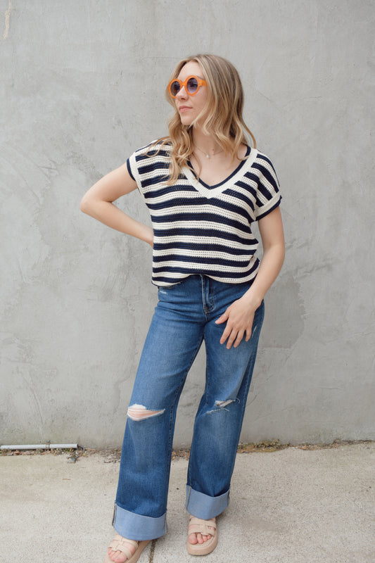 short sleeve v neck crochet sweater top with horizontal stripes, full length relaxed fit, breathable