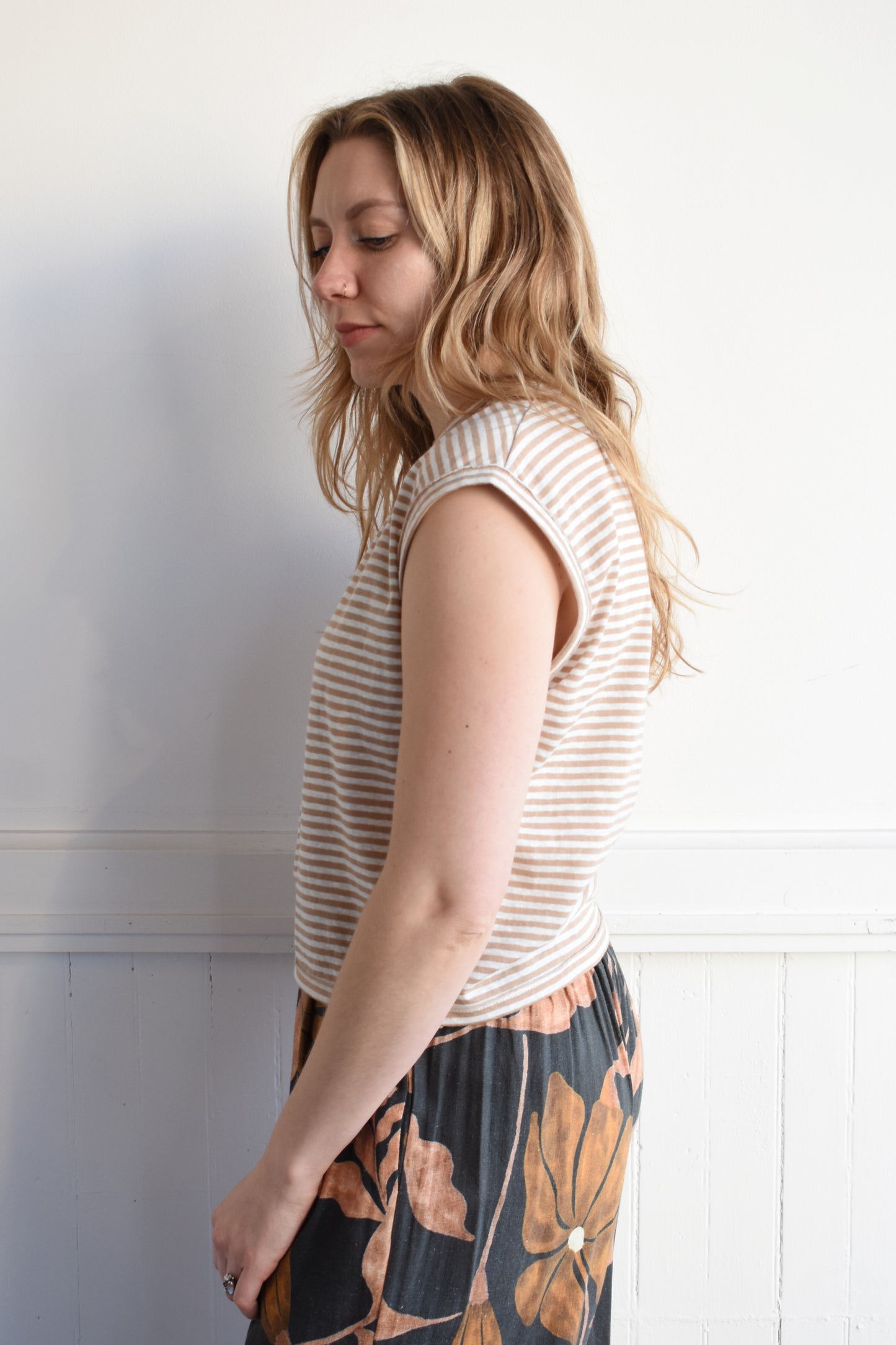 cap sleeve boxy t-shirt with horizontal stripes