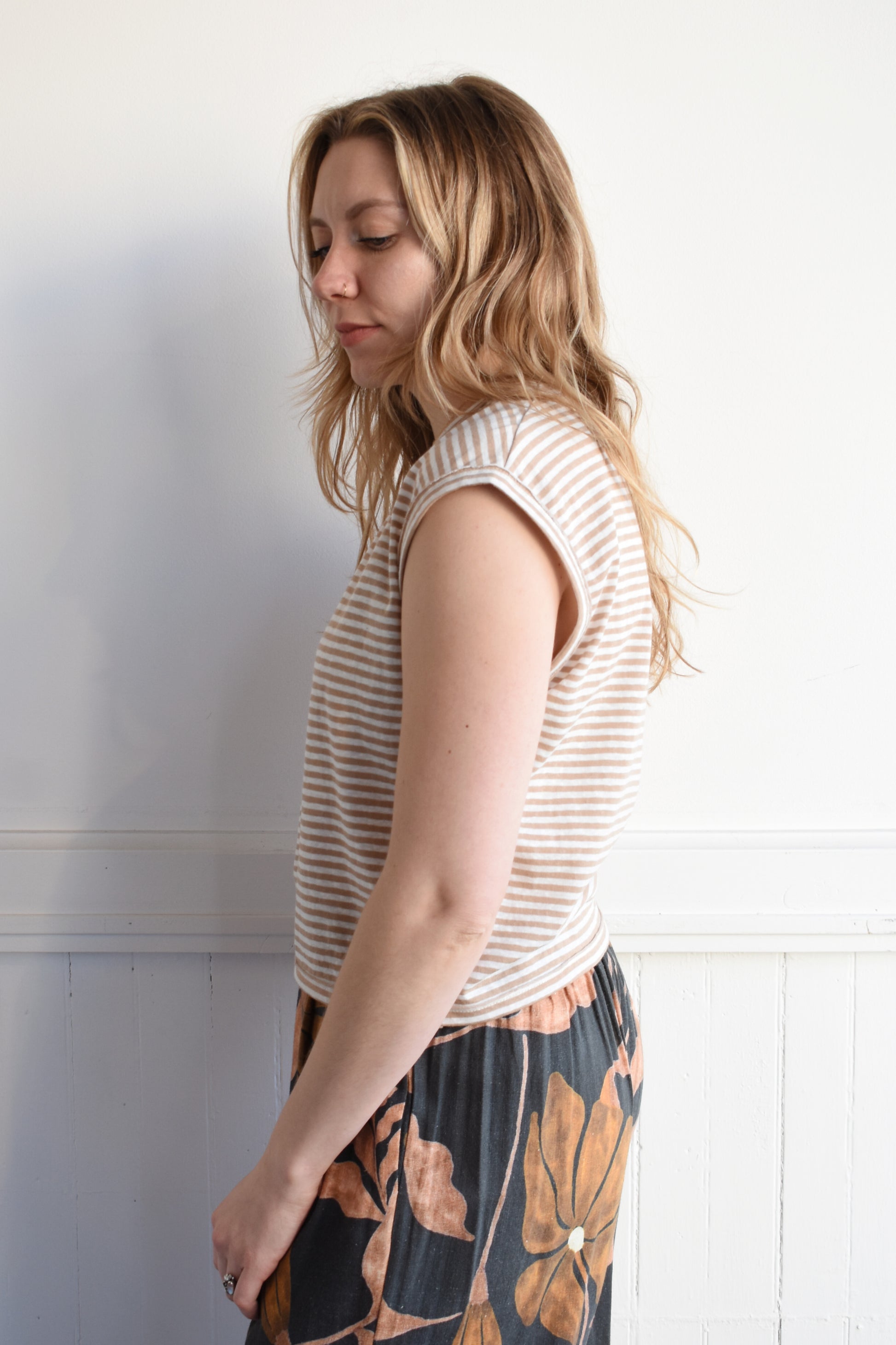 cap sleeve boxy t-shirt with horizontal stripes