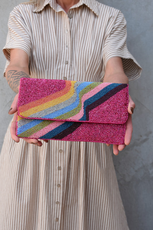 retro rainbow beaded clutch