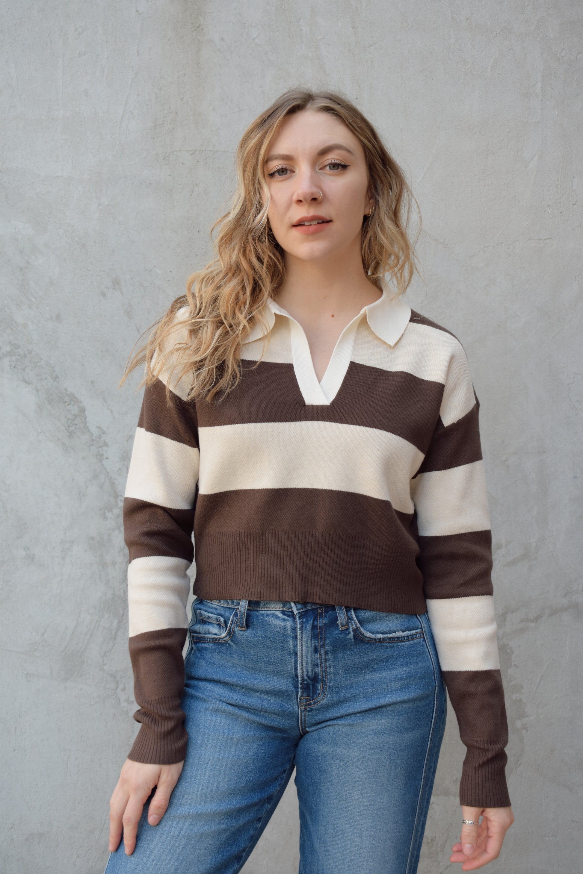 cream and dark brown slightly cropped polo light weight sweater wide horizontal stripes ribbed cuffs and hem drop shoulder 