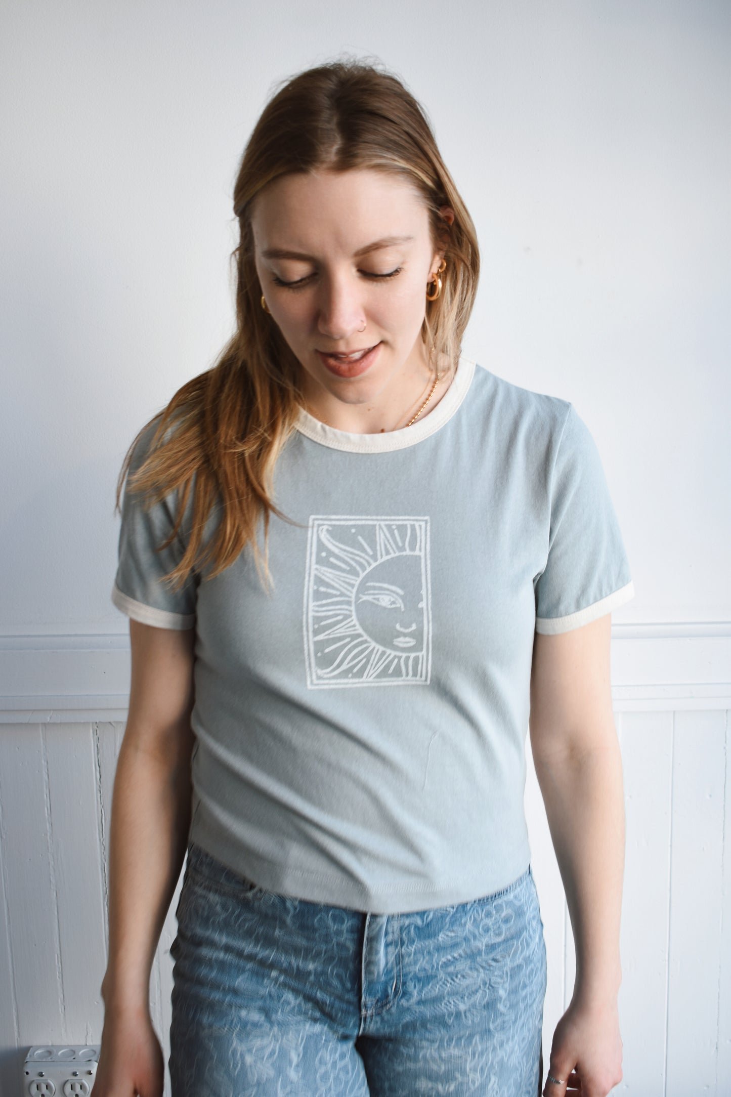 linocut print ringer tee