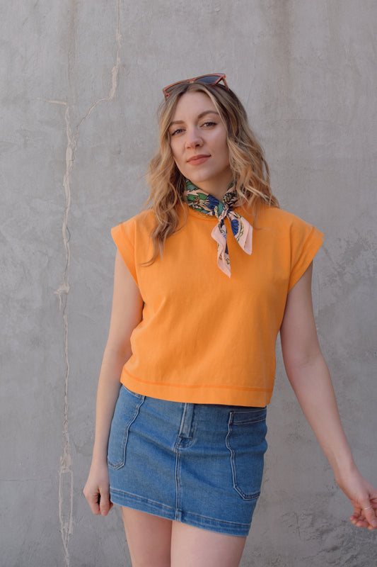 crew neck cap sleeve top with slight crop but relaxed boxy fit lightweight fabric