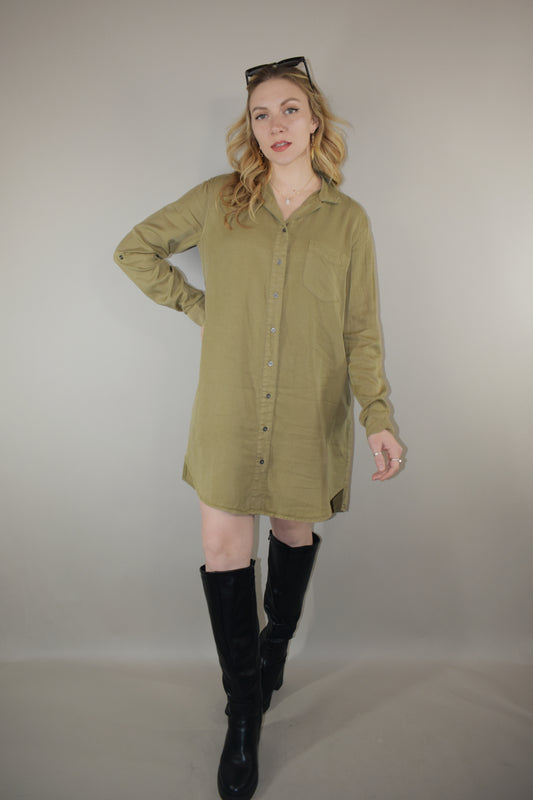 olive tencel button down collared mini dress with long sleeves with cuff option and one patch breast pocket high low hem 