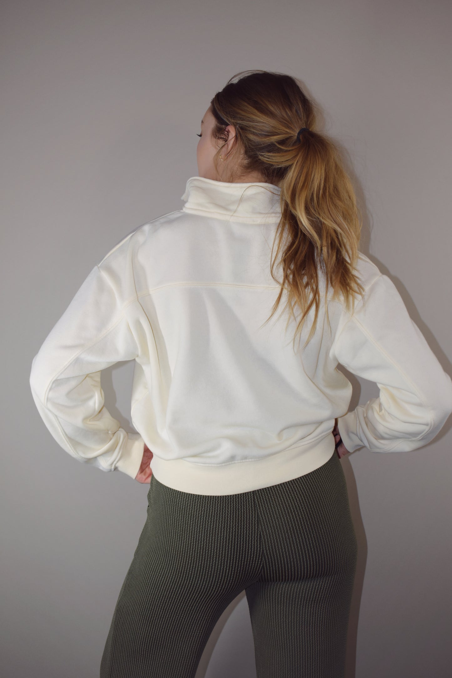 quarter zip long sleeve sweatshirt with drop shoulders, full length, relaxed fit, super soft. athleisure