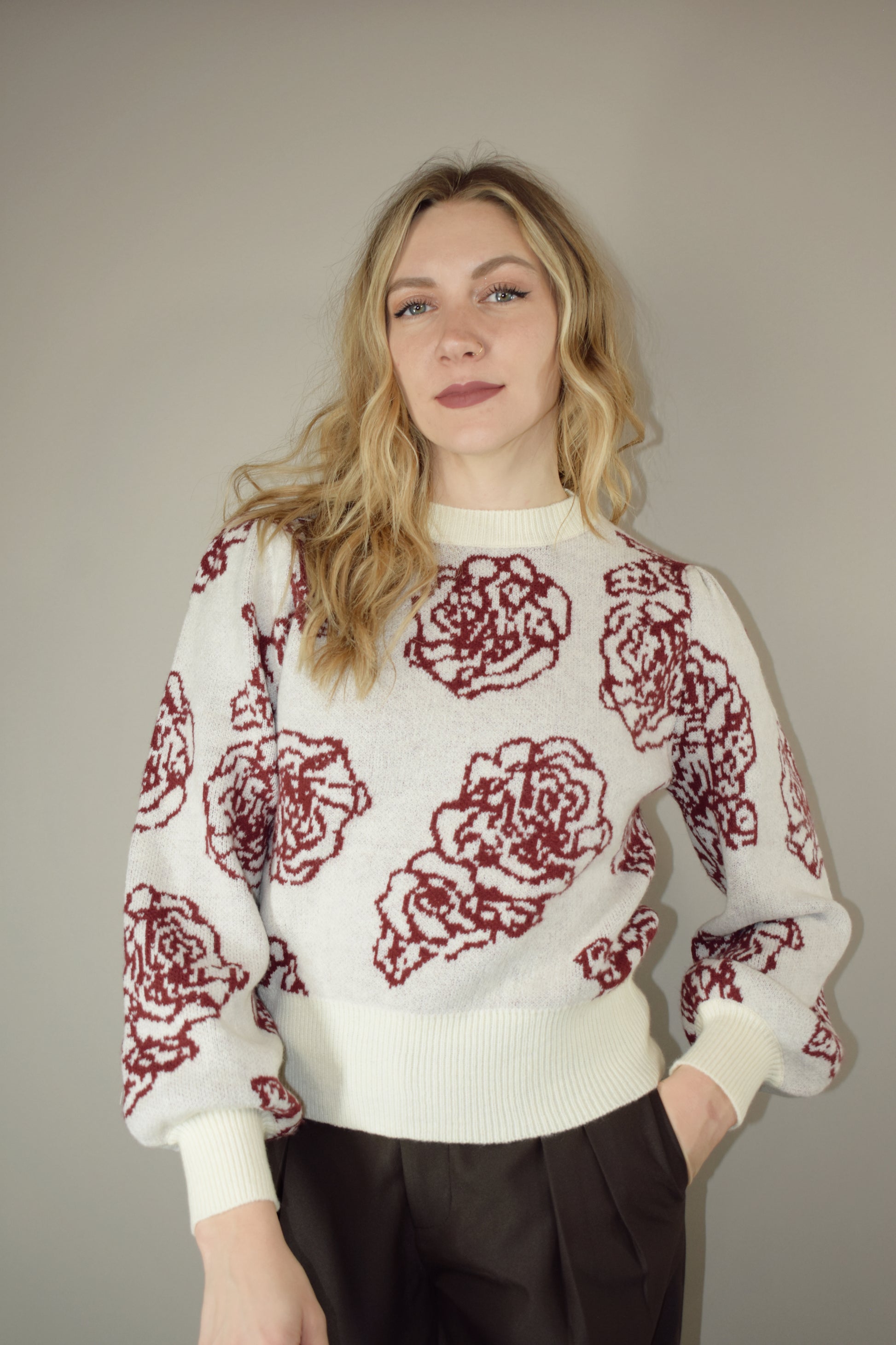 Listicle elegant floral red christmas retro feminine sweater