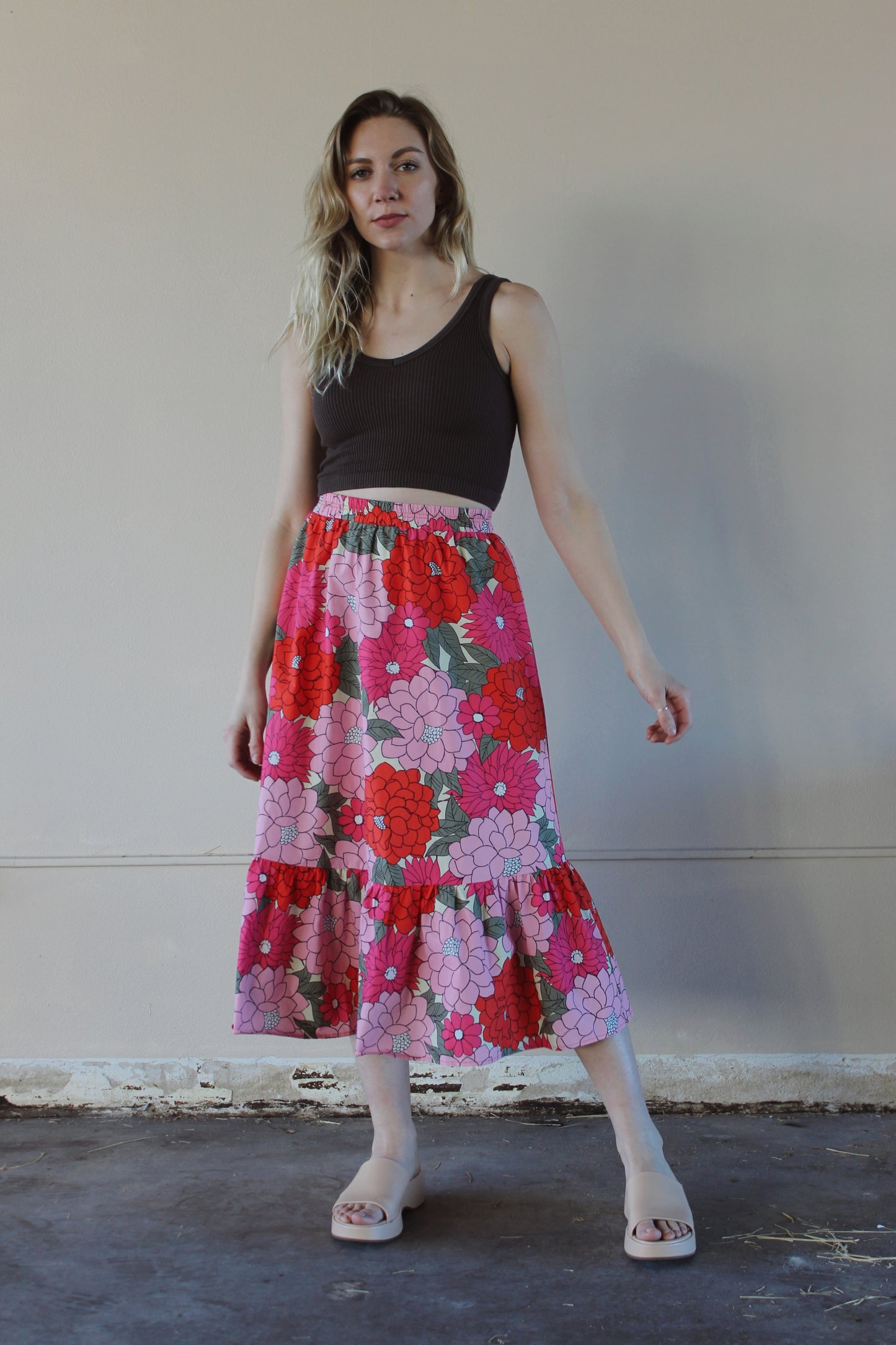 floral bright colored midi skirt with bottom ruffle tier and elastic high waisted waist band