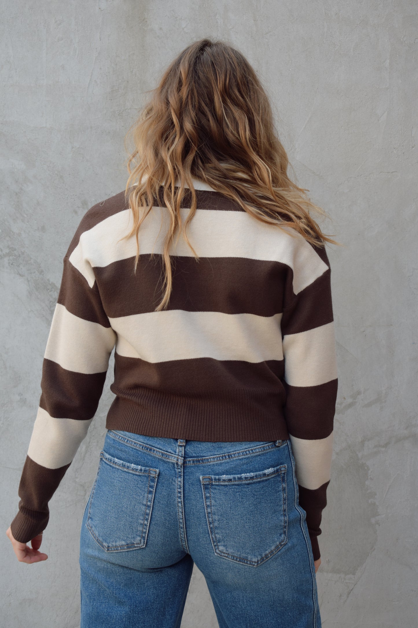 cream and dark brown slightly cropped polo light weight sweater wide horizontal stripes ribbed cuffs and hem drop shoulder 