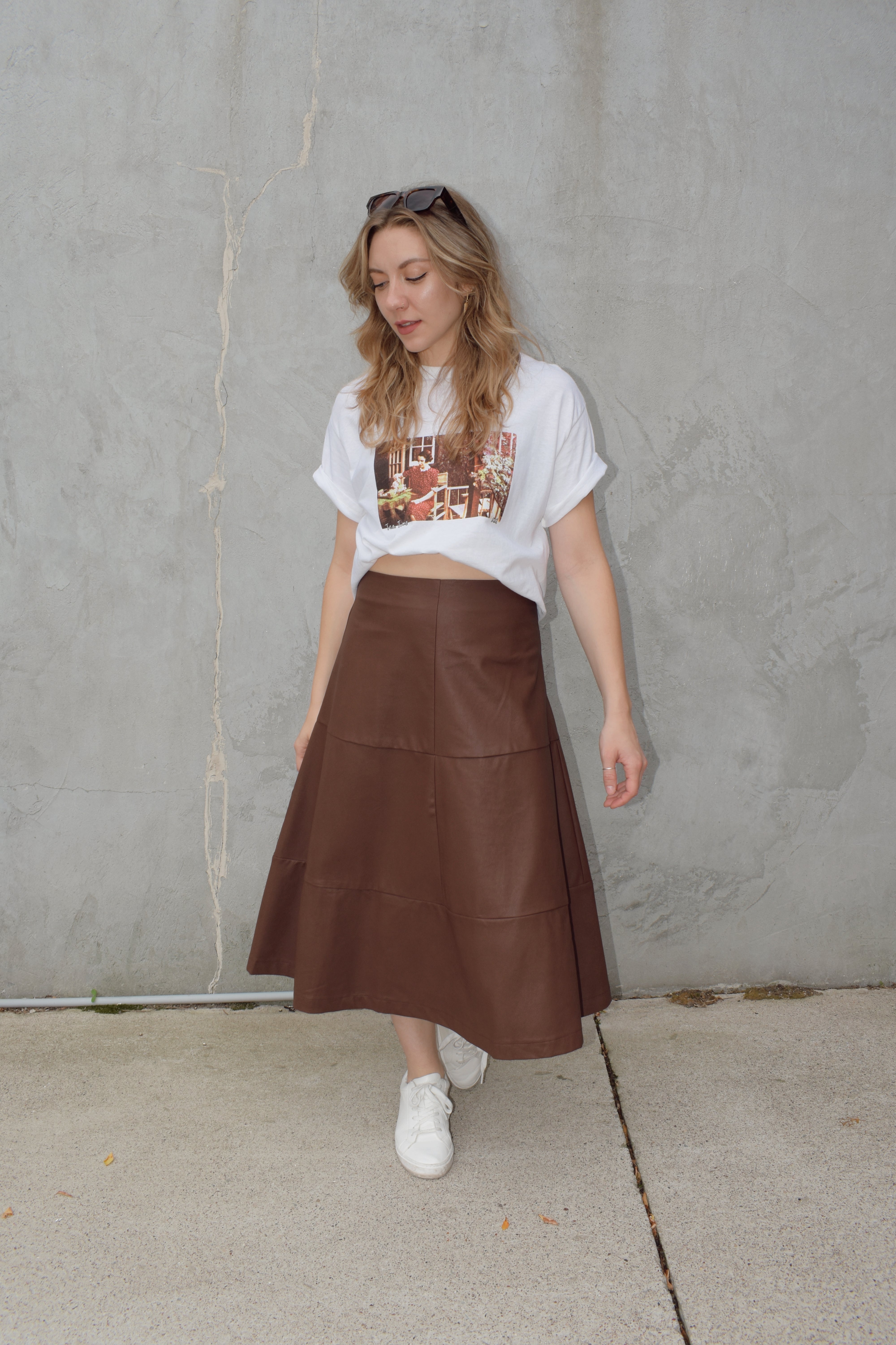 Pinch pleather faux leather a line trending midi length brown